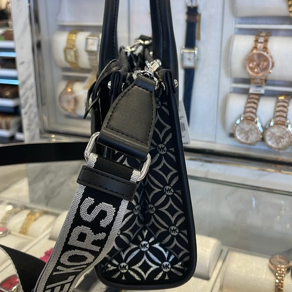 Michael Kors Mirella Small Metallic Logo Jacquard Crossbody Bag Black/Silver  NW